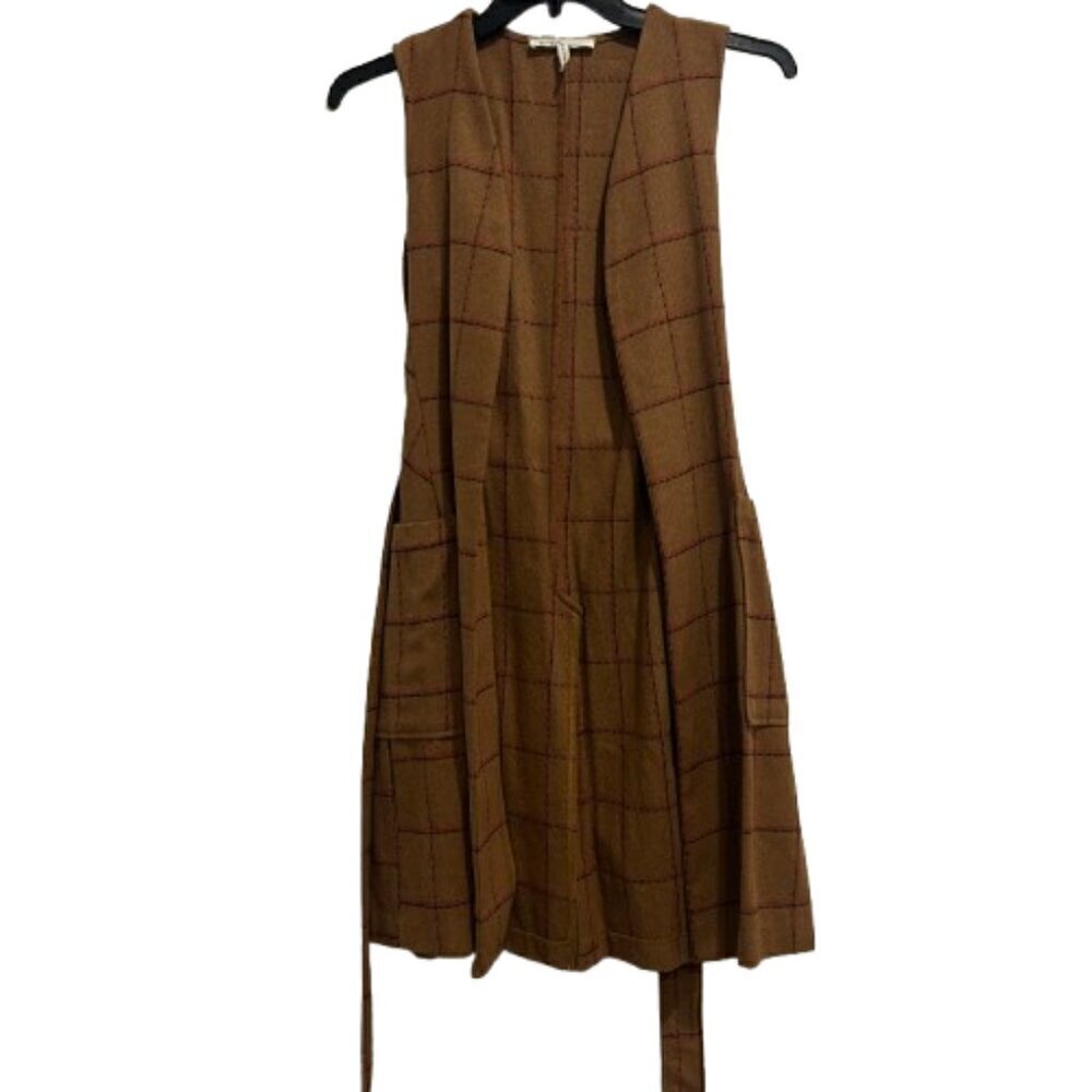 BCBGeneration Carmel Plaid Long Faux-Wool Tie Vest Shacket Women’s Size Small - Picture 2 of 10
